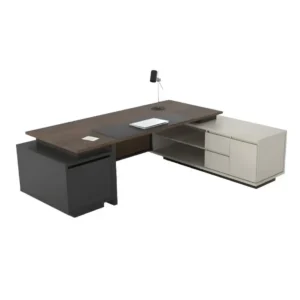 Zenon makam takımı, geniş çalışma masası ve modern depolama üniteleriyle şık bir ofis düzeni sağlıyor.