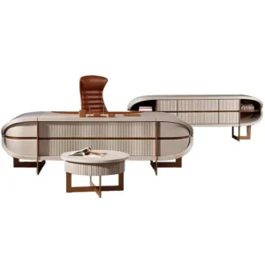 Lüks tasarımlı Opal makam takımı, zarif yuvarlak hatları ve modern detaylarıyla ofislerde prestiji artıran özel bir yönetici masası modeli.