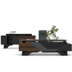 Orvion makam masası, modern ve cesur tasarımıyla ahşap ve metalin şık uyumunu yansıtan yönetici ofis takımı.