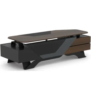 Orvion makam masasının yan perspektifi, modern tasarım anlayışı ve metal destekli güçlü yapısını vurguluyor.