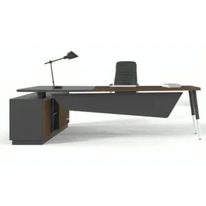 Modern çizgilerle tasarlanmış L formlu yönetici masası, entegre depolama modülüyle birlikte üstten görünüm.