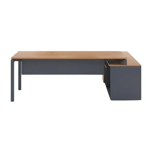 Elegant serisi L tipi yönetici masası, ceviz görünümlü üst tabla ve koyu gövde yapısıyla sade ve modern tasarım çizgileri sunuyor.