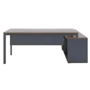 Epsilo L tipi yönetici masası, ceviz kaplama üst tabla ve mat antrasit gövde uyumuyla sade ve kararlı bir duruş sergiliyor.