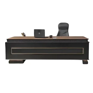 Horen makam masası, modern çizgilere sahip otoriter tasarımıyla, ön panelinde altın çerçeveli dekoratif detaylara yer verilmiş versiyon.