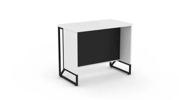 Luban karşılama bankosu, sade beyaz tablası ve siyah kontrast arka paneliyle modern ofis giriş alanlarına minimalist bir çözüm sunuyor.