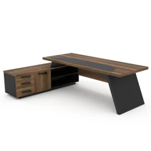 Pegasus masası üstten görünümle, entegre yan modül, çekmeceler ve açık raflı kullanım alanlarıyla birlikte.