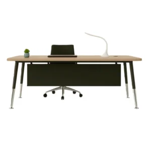 Boomerang serisi çalışma masası; konik formda ayaklar, doğal ahşap tabla ve sade masaüstü aksesuarları ile önden görünüm.