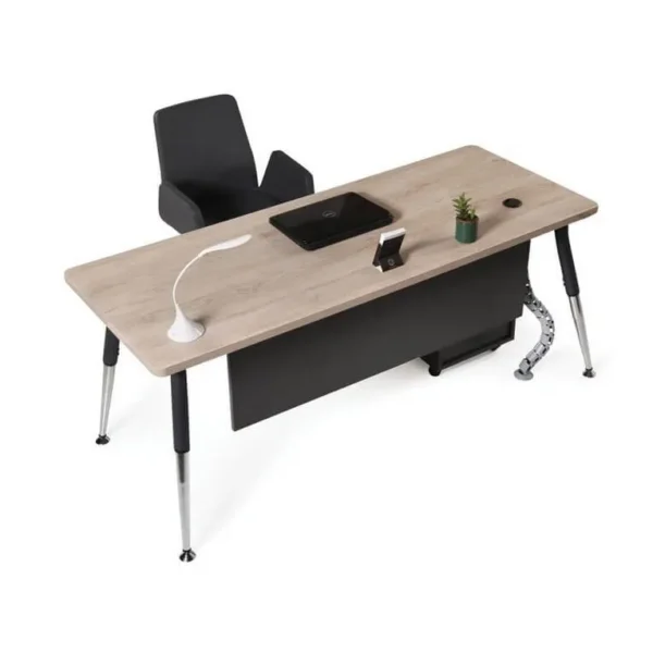 Boomerang çalışma masası üstten görünümle, laptop, LED masa lambası ve dekoratif saksı bitkisiyle donatılmış.