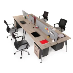 Sırt sırta konumlandırılmış, çekmeceli ve bölücü panelli çalışma istasyonları