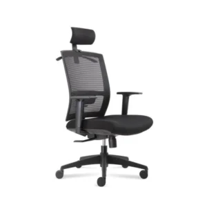 Siyah file sırtlı, başlıklı D227 ofis koltuğu; yastıklı oturum, ayarlanabilir kolçak ve tekerlekli yıldız ayaklı ergonomik model