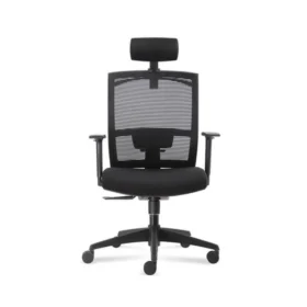 D227 ergonomik çalışma koltuğu; başlıklı, file arkalıklı, siyah yıldız ayaklı ve ayarlı kolçaklı modelin ön görünümü