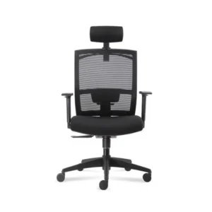 D227 ergonomik çalışma koltuğu; başlıklı, file arkalıklı, siyah yıldız ayaklı ve ayarlı kolçaklı modelin ön görünümü