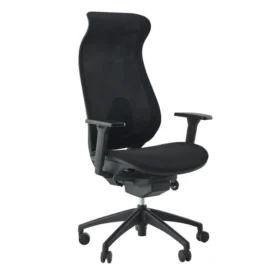 Siyah file sırtlı, yüksek sırt ve ayarlanabilir kolçaklı Aero yönetici koltuğu; ergonomik S-kavisli tasarım, senkron mekanizma ve beş kollu tekerlekli yıldız ayakla sağdan önden açı.