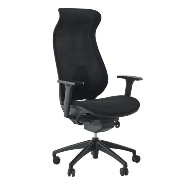 Siyah file sırtlı, yüksek sırt ve ayarlanabilir kolçaklı Aero yönetici koltuğu; ergonomik S-kavisli tasarım, senkron mekanizma ve beş kollu tekerlekli yıldız ayakla sağdan önden açı.