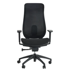 Aero yönetici koltuğu ön görünüş; nefes alan file sırt, entegre bel desteği, kalın oturma minderi ve yükseklik ayarlı kolçaklar.