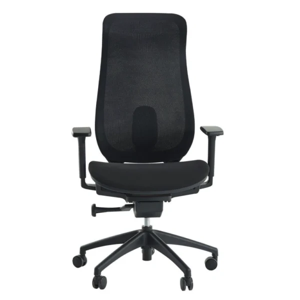 Aero yönetici koltuğu ön görünüş; nefes alan file sırt, entegre bel desteği, kalın oturma minderi ve yükseklik ayarlı kolçaklar.