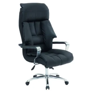 Akus yönetici koltuğu siyah; ekstra dolgulu başlık ve sırt, alüminyum kol dayama, geniş oturum ve parlak krom yıldız ayaklı premium model