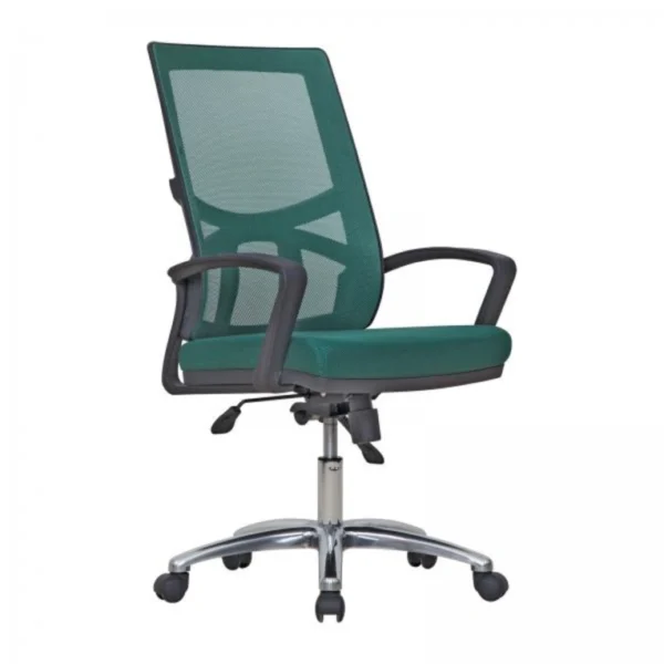 Alüminyum ayaklı, yeşil file sırtlı ve sabit kollu Algan çalışma koltuğu – ergonomik oturum ve yükseklik ayarı.