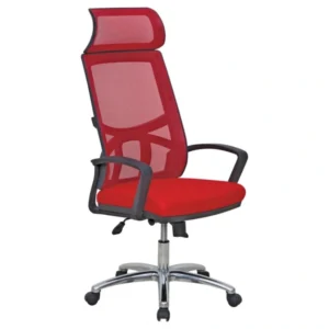 Kırmızı file sırtlı Algan yönetici koltuğu; başlıklı, yumuşak oturumlu, alüminyum yıldız ayaklı ve kavisli kolçaklı ergonomik model