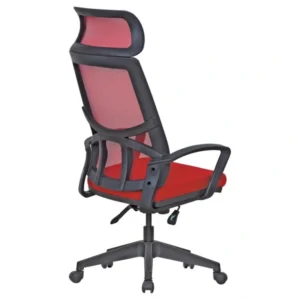 Algan 126 kırmızı; başlıklı, kırmızı file arkalık, kavisli kolçak ve siyah yıldız ayaklı yönetici koltuğu – arka/yan açı