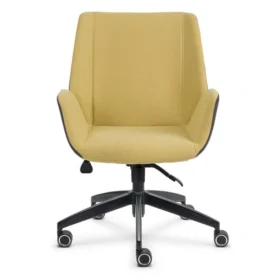 Ares ofis koltuğu önden – hardal sarısı kumaş, kompakt gövde, siyah ayak.
