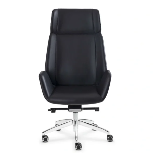 Alüminyum yıldız ayaklı, siyah deri başlıklı Ares PLN-1174 yönetici koltuğu – ergonomik yüksek sırt, sabit kol dayama ve tekerlekli ofis sandalyesi üç çeyrek açı.