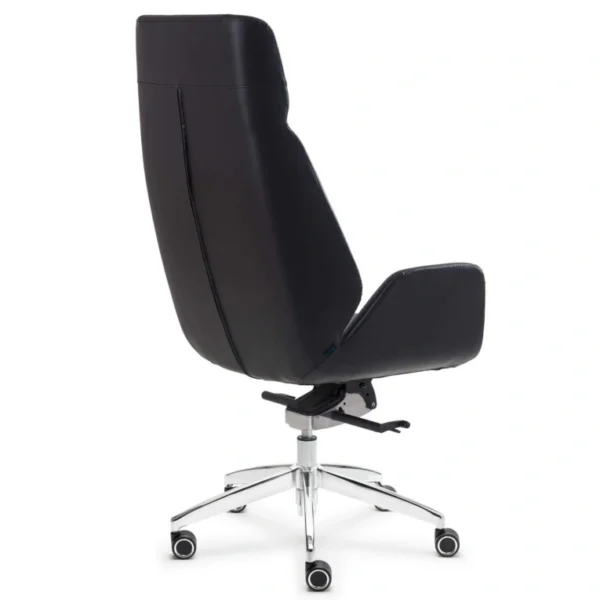 Yan profilden siyah deri Ares PLN-1174 yönetici koltuğu – ince hatlı sırt, sabit kavisli kolçaklar ve parlak alüminyum ayak.