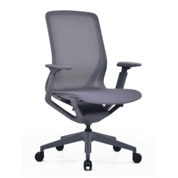 Aria ofis koltuğu gri; nefes alan file sırt, geniş oturum, ayarlanabilir kol dayama ve tekerlekli yıldız ayaklı ergonomik model