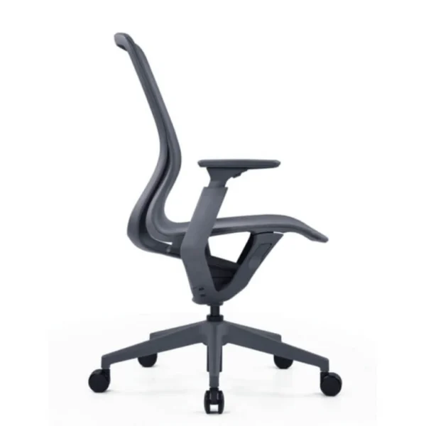 Aria çalışma koltuğu gri; akışkan iskelet, file sırt, yuvarlatılmış oturum kenarı ve yükseklik ayarlı kolçaklarla ergonomik profil