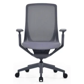 Aria ergonomik ofis koltuğu ön görünüm; nefes alan file sırt, geniş oturum yastığı ve ayarlanabilir kolçaklı gri model