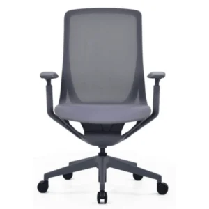 Aria ergonomik ofis koltuğu ön görünüm; nefes alan file sırt, geniş oturum yastığı ve ayarlanabilir kolçaklı gri model