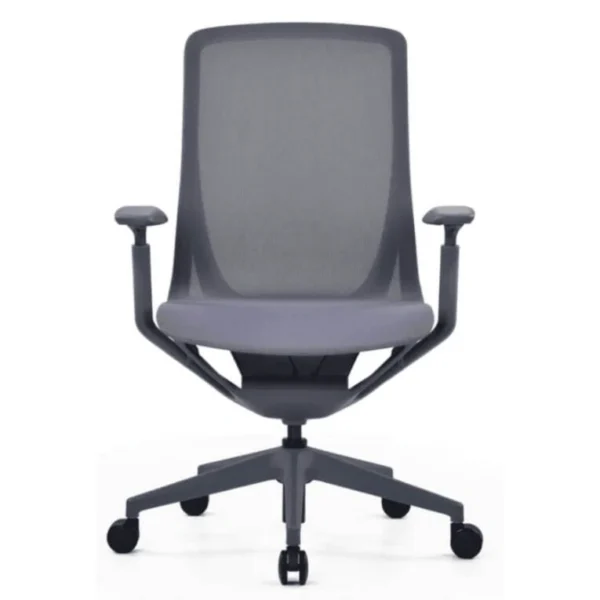 Aria ergonomik ofis koltuğu ön görünüm; nefes alan file sırt, geniş oturum yastığı ve ayarlanabilir kolçaklı gri model