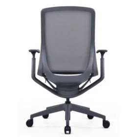 Aria ofis koltuğu arka görünüm; geniş file panel, bel destek kemeri ve akışkan gri taşıyıcı çerçeve