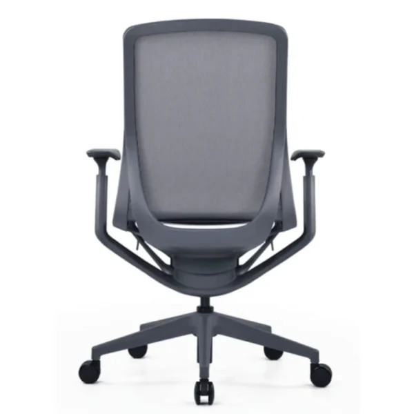 Aria ofis koltuğu arka görünüm; geniş file panel, bel destek kemeri ve akışkan gri taşıyıcı çerçeve