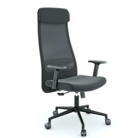 Koyu gri file sırtlı, entegre başlıklı, ayarlanabilir kolçaklı ve tekerlekli yıldız ayaklı Atlas Yönetici Koltuğu 1176 – ergonomik yüksek sırt ofis koltuğu.