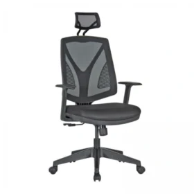 Gri fileli sırt ve ayarlanabilir başlıklı, siyah gövdeli, ergonomik kollu dora yönetici koltuğu – 5 tekerlekli yıldız ayaklı ofis sandalyesi.
