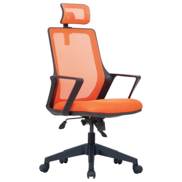 Turuncu file sırt ve oturaklı, sabit kollu, ayarlanabilir başlıklı ela yönetici koltuğu – siyah plastik yıldız ayaklı modern ofis sandalyesi.