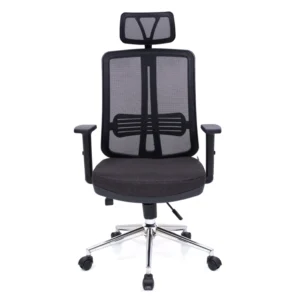 Başlıklı, file sırtlı ve bel destekli Leda yönetici koltuğu; krom yıldız ayak, kalın oturum minderi ve yükseklik ayarlı kolçaklara sahip siyah ergonomik ofis koltuğu.