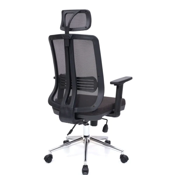 Ayarlanabilir başlıklı, bel destek bantlı file sırt tasarımlı Leda yönetici koltuğu; krom taban ve çok yönlü tekerleklerle dayanıklı siyah ofis koltuğu.