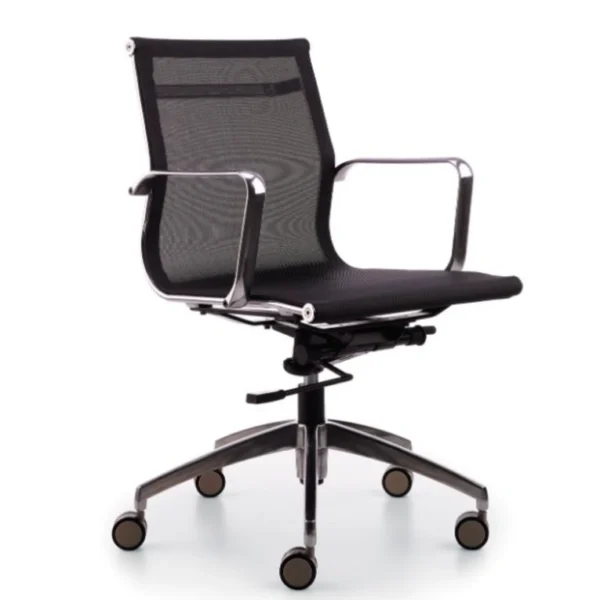 İnce çerçeveli, siyah file sırtlı ve parlak metal kollu Lotis çalışma koltuğu, tekerlekli ve ergonomik tasarım.