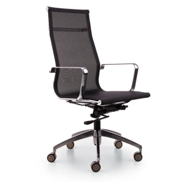 Lotis yönetici koltuğu; siyah file sırtlı, ince oturumlu, krom kol dayamalı ve krom yıldız ayaklı modern ofis koltuğu