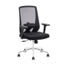 Krom ayaklı, siyah file sırtlı ve ayarlanabilir kolçaklı Luna çalışma koltuğu – bel destekli ergonomik ofis sandalyesi.