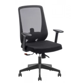 Siyah file sırtlı, plastik yıldız ayaklı ve sabit kolçaklı Luna ofis koltuğu – ergonomik bel destekli model.