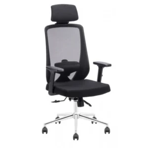 Siyah file sırtlı Luna yönetici koltuğu; başlıklı, ayarlanabilir kolçaklı, kalın oturumlu ve krom yıldız ayaklı ergonomik model