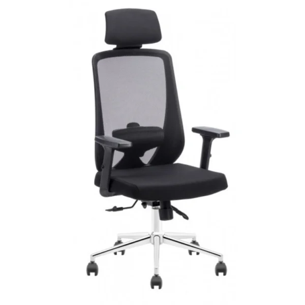 Siyah file sırtlı Luna yönetici koltuğu; başlıklı, ayarlanabilir kolçaklı, kalın oturumlu ve krom yıldız ayaklı ergonomik model