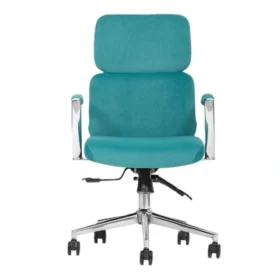 Turkuaz kadife görünümlü döşeme ve krom kollarla Mili çalışma koltuğu – önden.