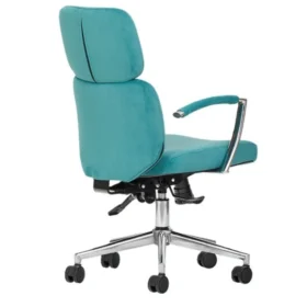 Mili ofis koltuğu – turkuaz döşeme, krom ayak ve ayarlanabilir sırt yandan görünüm.