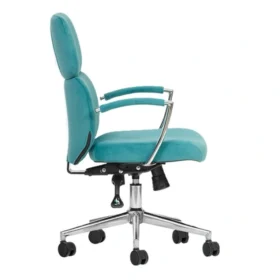 Turkuaz döşemeli Mili koltuk – krom kol ve amortisörlü mekanizma sağ profilden.