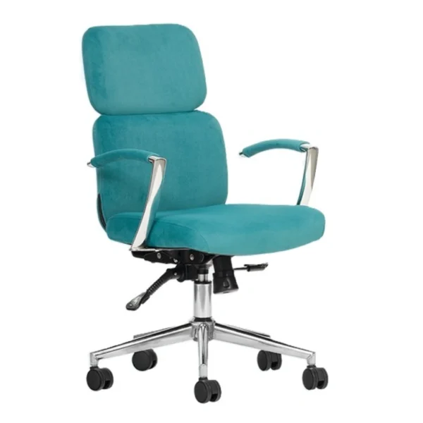 Başlıklı, turkuaz döşemeli Mili çalışma koltuğu – krom yıldız ayak.