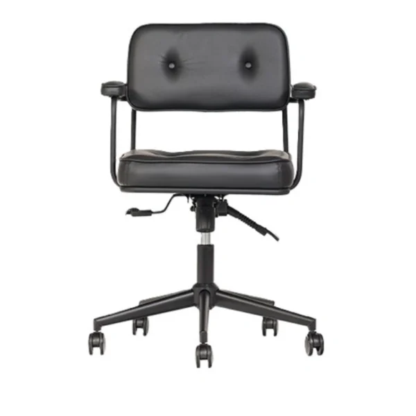 Mat siyah metal gövdeli, düğme detaylı minderli siyah çalışma koltuğu; ayarlanabilir yükseklik ve tekerlekli yıldız ayak.